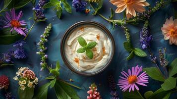 Bowl of Whipped Cream Surrounded by Flowers photo