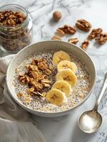 Nutritious Bowl of Oatmeal With Bananas and Nuts photo