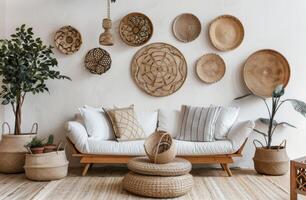 Living Room Filled With Wicker Furniture photo