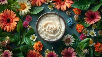 Bowl of Whipped Cream Surrounded by Flowers photo