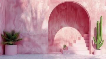 Pink Building With Cactus in Center photo