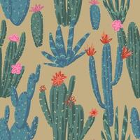 Cactus abstract ornament. Exotic desert cacti, wild plants, prickly succulents in flat style. Bright botanical seamless pattern. vector
