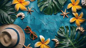 Flowers and Leaves Painting on Blue Background photo