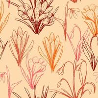 Ornament of spring flowers crocuses and snowdrops. Vintage spring seamless pattern. Hand drawn wild plants botanical design. vector