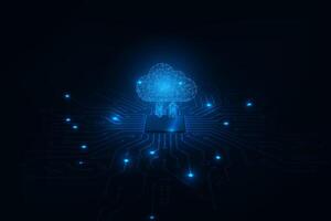 Perspective abstract technology chip processor with storage, circuit board on blue background. vector