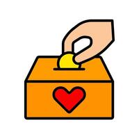 donación icono. mano colocación moneda en caja con corazón, caridad, donación, filantropía, ayuda, donación, contribución. vector