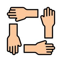 Teamwork icon. Four hands in a square, collaboration, unity, cooperation, support, teamwork, working together. vector