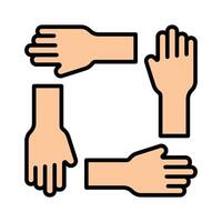 Teamwork icon. Four hands in a square, collaboration, unity, cooperation, support, teamwork, working together. vector