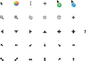 Mouse cursor pointer anchor click collection set symbol icon basic os icon. Clicking pointing hand clicks and waiting loading icons. Website arrows or hands cursors tools, computer ui text box zoom in vector