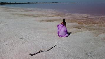 mujer en volador vestir en rosado sal lago. sal producción instalaciones salina evaporación estanque campos en el salado lago. video