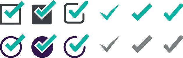 Check mark set icon. Simple web buttons. Checkmarks and confirm. Round grey and green set with box and circle tick symbol. Checked checkbox sign. Approved template and UI editable eps vectors