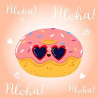 Cute funny Doughnut character. Hand drawn cartoon kawaii character illustration icon. Isolated on pink background. Doughnut character concept. Aloha card vector