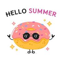 Doughnut character. Hello summer card. Hand drawn cartoon kawaii character illustration icon. Isolated on white background Doughnut character concept vector