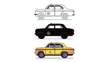 Kolkata yellow taxi silhouette and line art, front, side and back view vector