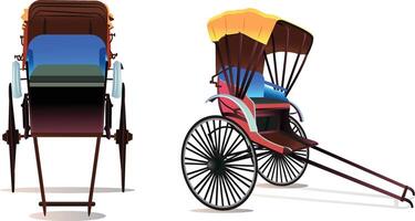 Kolkata hand-pulled rickshaw and yellow taxi. Two-wheeler, yellow rickshaw side and front view vector