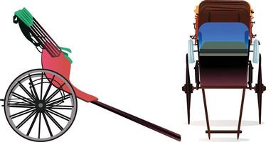 Kolkata hand-pulled rickshaw and yellow taxi. Two-wheeler, yellow rickshaw side and front view vector