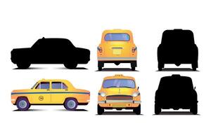 Kolkata yellow taxi. front side and back of an Indian yellow color taxi with silhouette vector