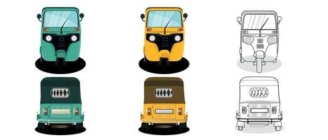 Set of yellow and green auto rickshaw front and back view illustrations in India. vector