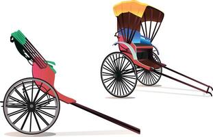 Kolkata hand-pulled rickshaw and yellow taxi. Two-wheeler, yellow rickshaw side and front view vector