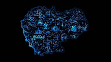 Neon frame effect map of Cambodia, glow, black background. video