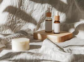 Essential Oil Bottle Next to Soap Block photo