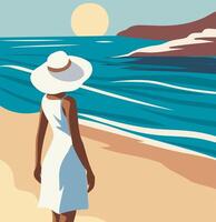 plano ilustración verano. un mujer en un blanco vestir y verano sombrero descansa en el playa mirando a el marina. ilustración en plano Arte estilo vector