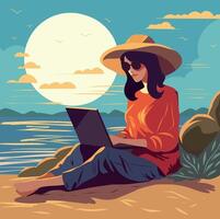 Young successful woman at sunset with a laptop on her lap in a sunny tropical resort. A freelancer girl loves to sunbathe and work with a computer at the same time. Flat illustration vector