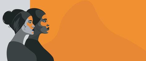 bandera sitio para texto hermosa fuerte mujer elegante moderno color paleta de negro, gris, naranja. feminidad independencia. concepto de feminismo, género igualdad, De las mujeres derechos, empoderamiento vector