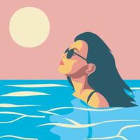 ilustración verano a puesta de sol un niña nada en el mar océano. retrato ilustración. plano estilo. el niña es en vacaciones. niña en el piscina vector