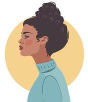 retrato de un negro afroamericano niña avatar para social redes lado pose. peinado. póster tarjeta para De las mujeres día. plano brillante ilustración vector