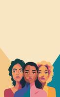 brillante plano vertical bandera para De las mujeres día, Tres diferente mujer en pie juntos. concepto de movimiento para género igualdad y De las mujeres empoderamiento vector