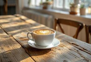 taza de café en la mesa de madera foto