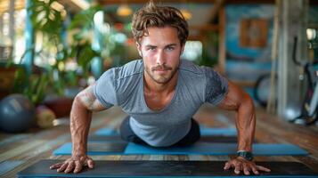 Man Performing Push Ups on Yoga Mat photo