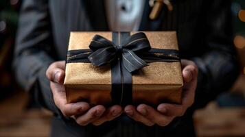 Man in Suit Holding Brown Gift Box photo
