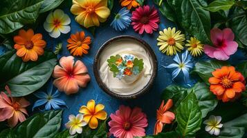Bowl of Whipped Cream Surrounded by Flowers photo