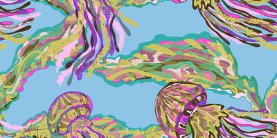 Wavy Jellyfish Colorful Tropical Sea Animals. seamless overlapping pattern. vector