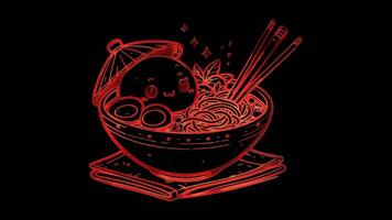 Neon frame effect Num Banh Chok, a Cambodian rice noodle soup, glow, black background. video