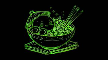 Neon frame effect Num Banh Chok, a Cambodian rice noodle soup, glow, black background. video