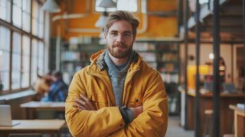 Man With Crossed Arms Standing in a Restaurant photo
