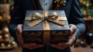 Man in Suit Holding Brown Gift Box photo