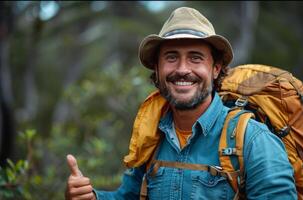Man With Backpack Giving Thumbs Up photo