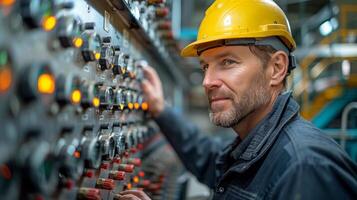 Man in Hard Hat Looking at Bunch of Switches photo