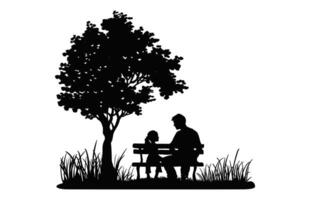 Father and daughter Sitting on Bench Under a tree Silhouette vector
