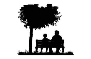 Dad and Son Sitting on a Park Bench under a tree Silhouette black Clip art vector