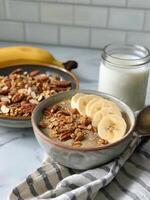 Bowl of Nuts, Bananas, and Yogurt photo