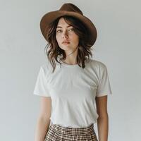 mujer vistiendo marrón sombrero y blanco camisa foto