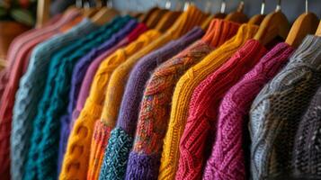 A Row of Colorful Sweaters Hanging on a Rack photo