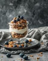 Glass Jar Filled With Granola and Blueberries photo