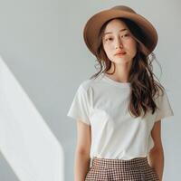 mujer vistiendo marrón sombrero y blanco camisa foto