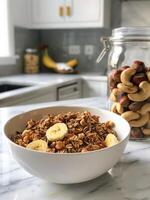 Healthy Breakfast Bowl With Granola, Bananas, and Nuts photo